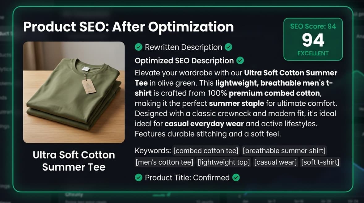 After: AI rewritten product description with 92 SEO score