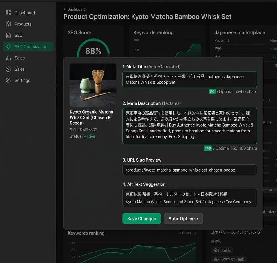 AI product optimization form showing auto-generated meta fields and SEO analysis