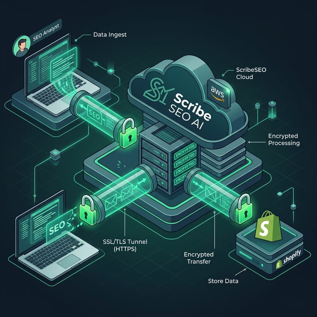 ScribeSEO security infrastructure diagram showing encrypted data flow
